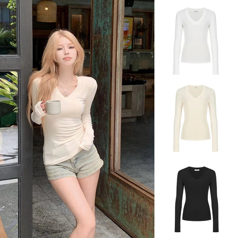 辣妹风正肩V领长袖t恤女秋冬新款德绒保暖内搭打底衫修身显瘦上衣