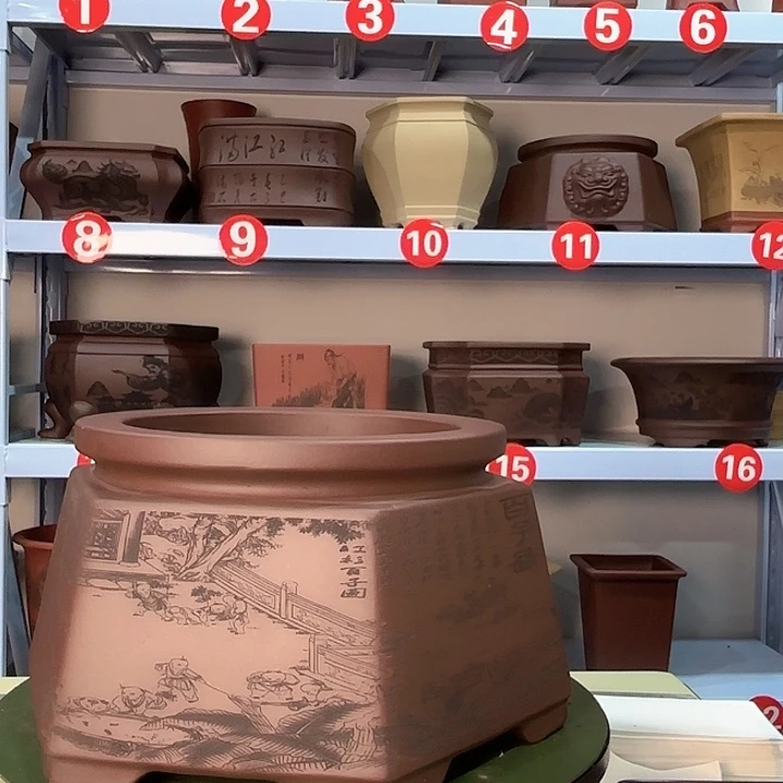 紫砂花盆刻绘百子图