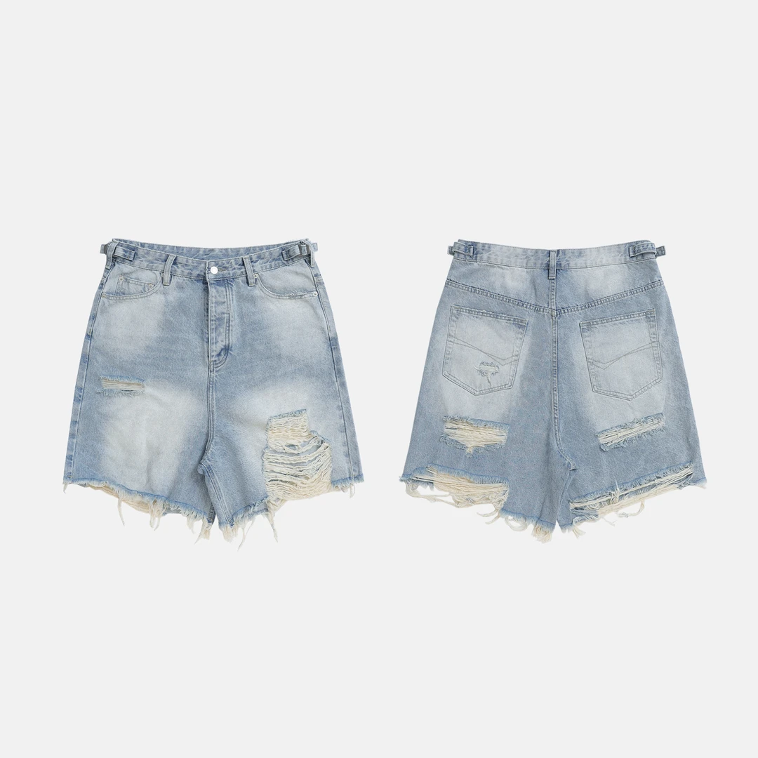 Unblank美式复古「破洞烂裤」做旧水洗牛仔短裤男女宽松阔腿裤baggy