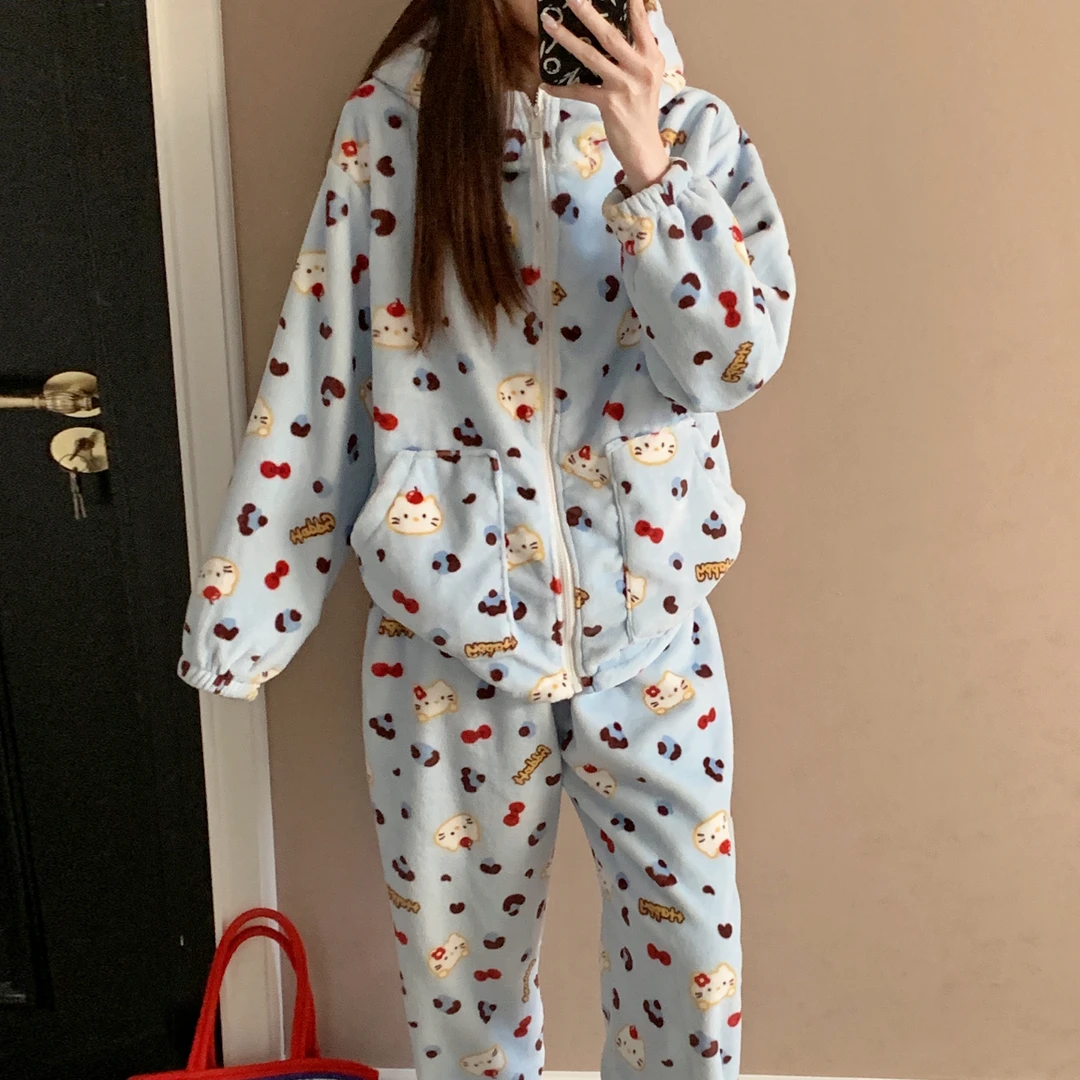 睡衣女秋冬季珊瑚绒大码加厚2025新款kt猫套装法兰绒可外穿家居服