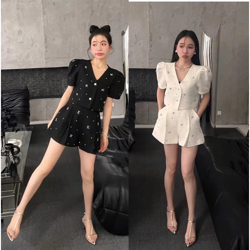 （清清专场）小香风钻泡泡袖短上衣+修身阔腿带口袋设计短套装