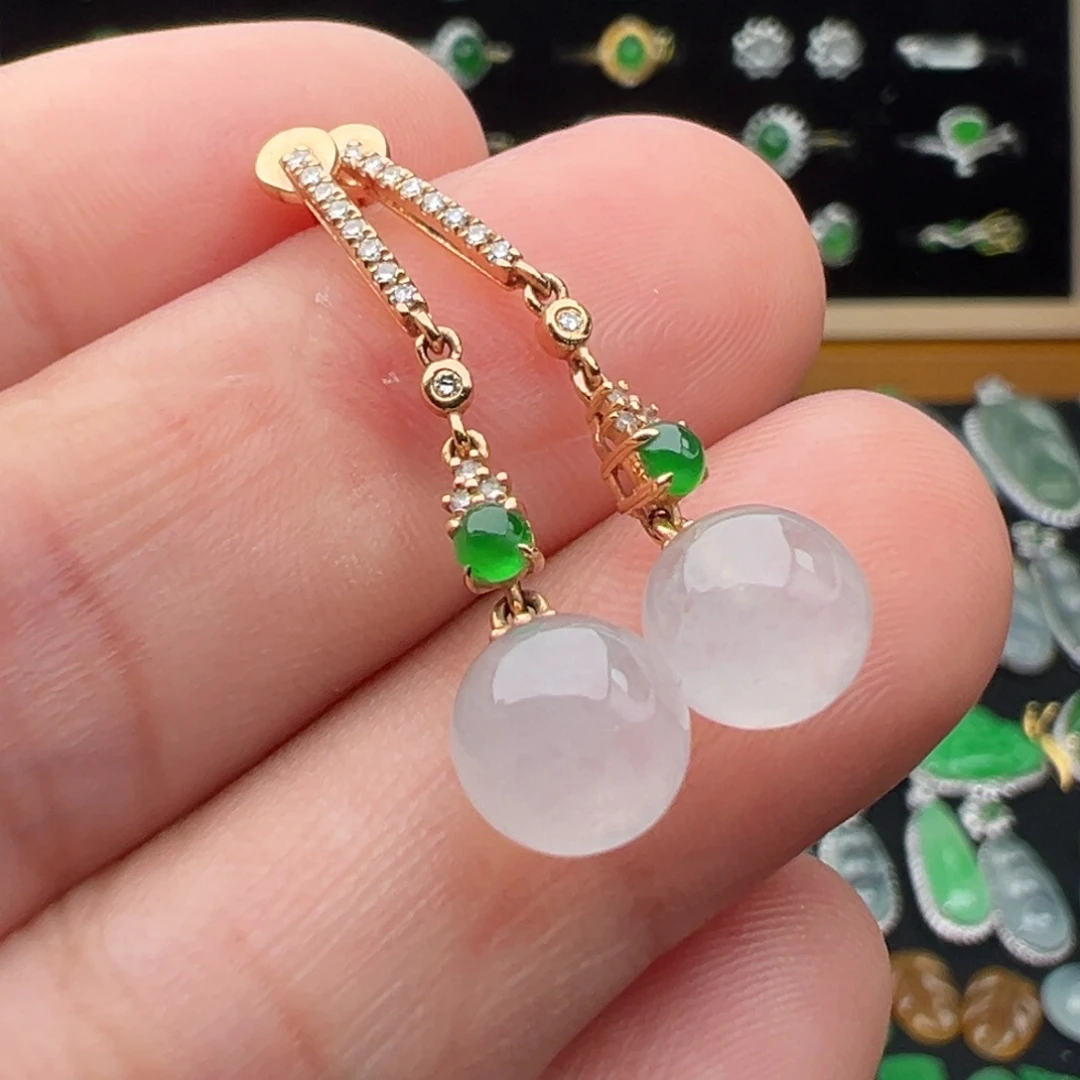 翡翠18K金镶嵌耳饰珠子7.6