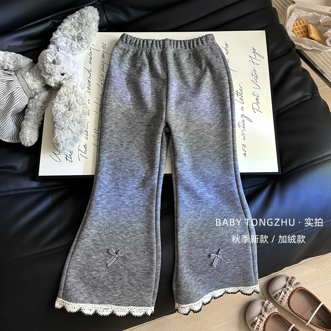 【秋冬新款】韩版女童花边蝴蝶结修身长裤喇叭裤加绒蝴蝶结保暖裤