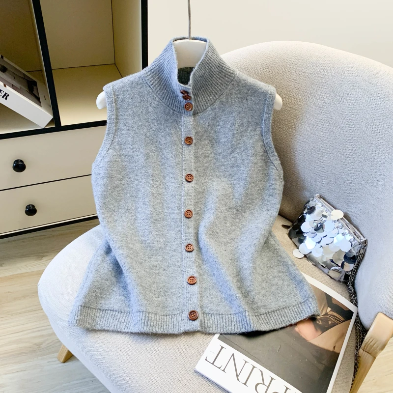 （床）开衫圆领针织马甲背心女春秋新款外穿马夹外搭叠穿毛衣坎肩