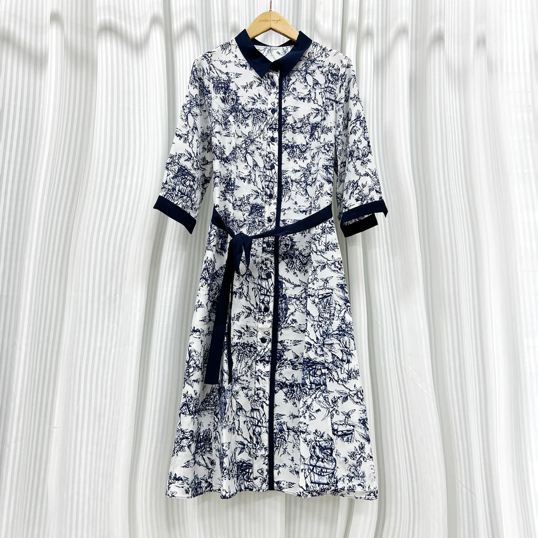 【萨拉迪恩】桑蚕丝轻奢气质时尚复古法式印花女装连衣裙