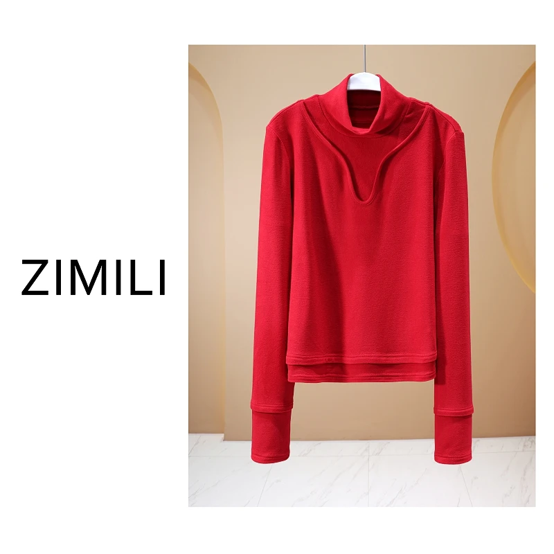 【亮哥欧货女装】冬季高领加绒德绒《胭脂红》高弹显瘦打底上衣260129