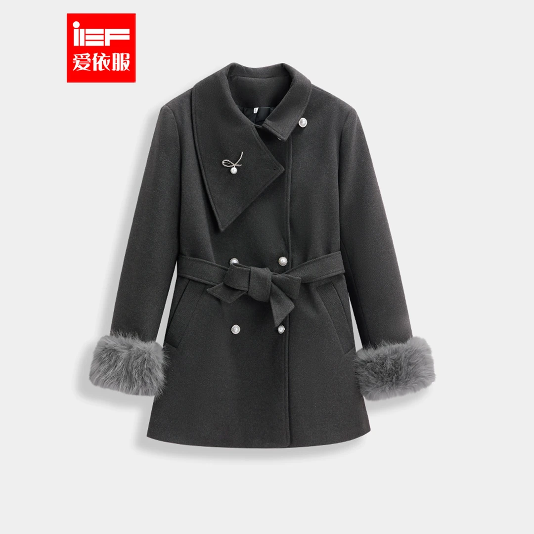 IEF/爱依服2025新款冬季加厚呢绒中外套显瘦百搭灰色时尚毛呢外套