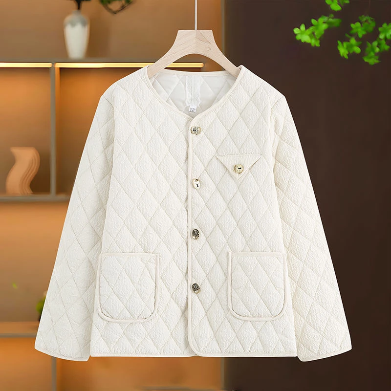 2024香风新款轻薄菱形棉衣棉服秋冬休闲女士长袖短款外套棉袄