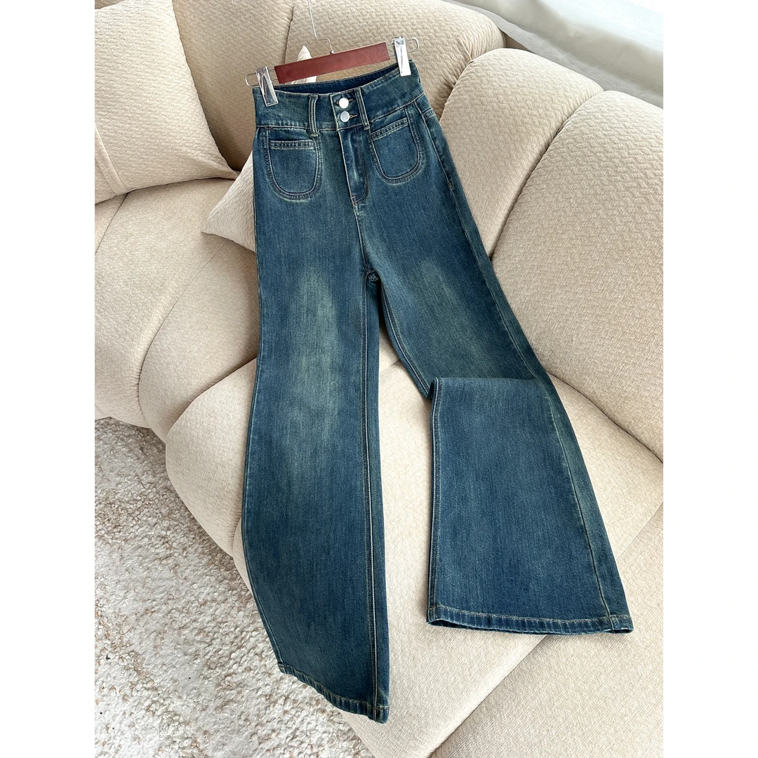 7663 W不贴腿弹力微喇裤高腰牛仔裤子女2025秋冬高腰宽松显瘦裤子