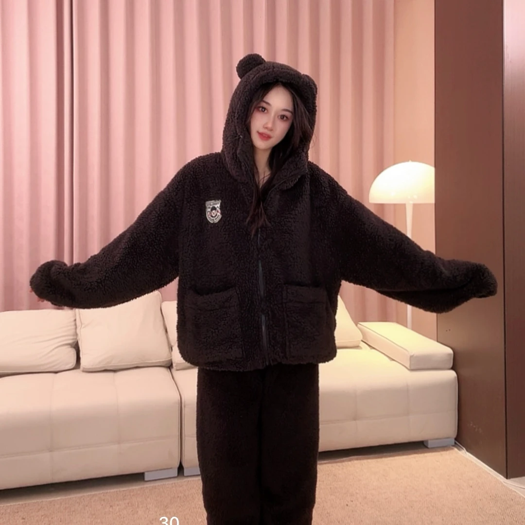 【加厚北羔绒】秋冬款加绒加厚北糕绒睡衣连帽拉链家居服女可外穿