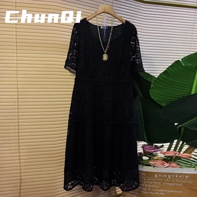 淳启春夏新款时尚蕾丝袖圆领纯色简约高级感打底裙大码女装连衣裙