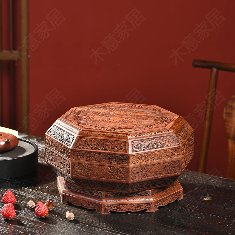 木意-缅甸花梨雕花旋转年年有余果盒