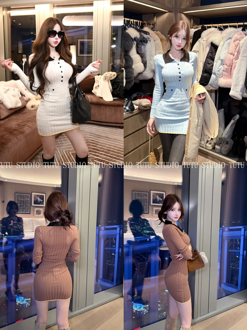 TUTU【M1u系美学】秋冬双色罗纹针织修身显瘦气质长袖连衣裙#DQ1633