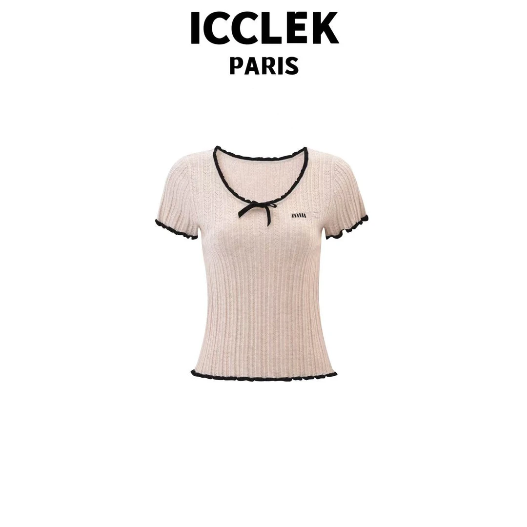 ICCLEK 杏色圆领蕾丝边短袖针织衫修身减龄百搭气质上衣  - 5271