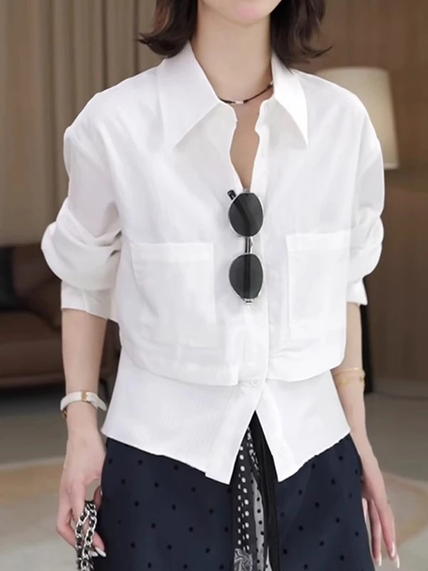 纯棉休闲简约时尚通勤白色衬衣女秋冬百搭显瘦长袖衬衫纯色上衣潮