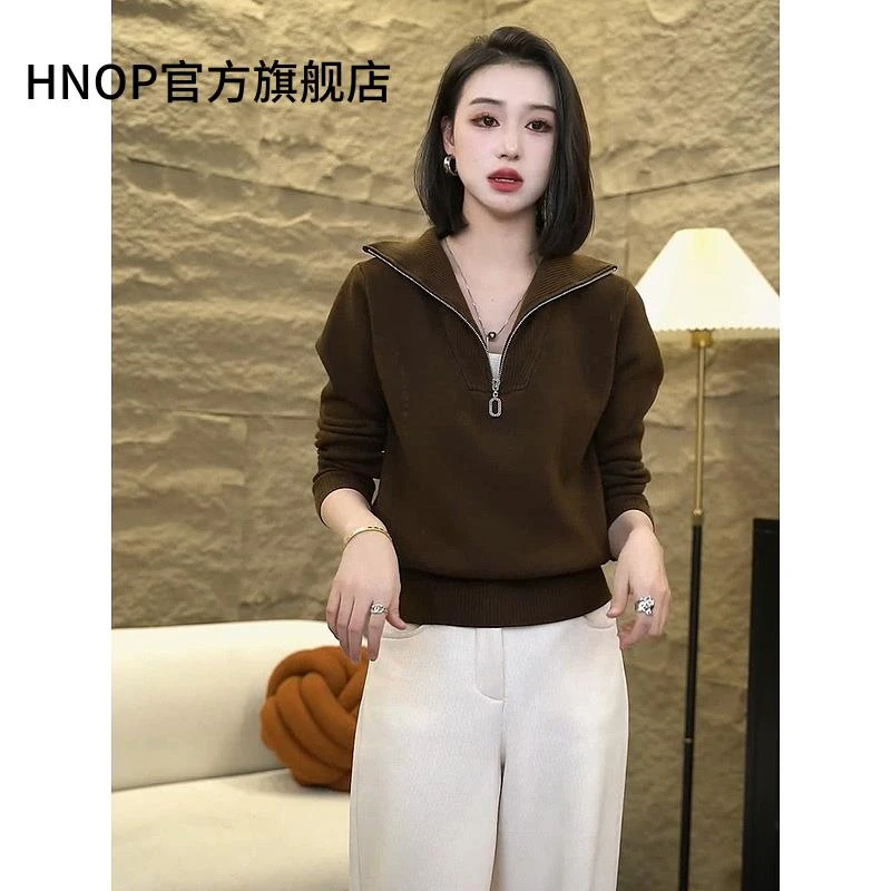 翻领半拉链针织衫上衣女2025秋冬季新款时尚百搭显瘦套头内搭毛衣