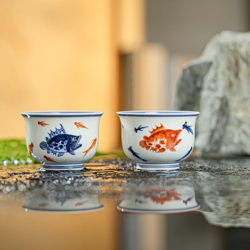 【小乔赏瓷】青尧矾红鳜鱼小杯红鳜鱼+青鳜鱼（xygy208+xygy181）
