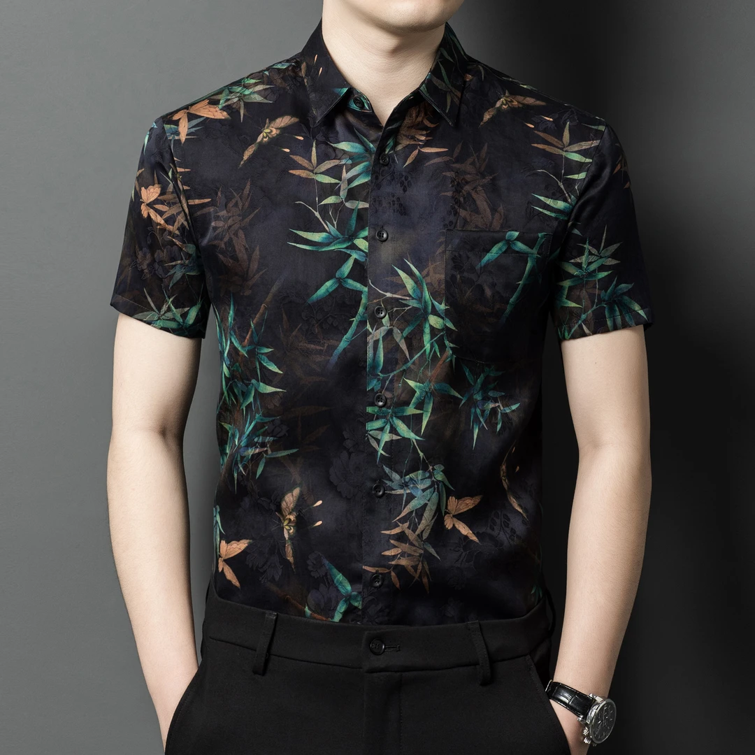 夏季真丝香云纱短袖衬衫男士中年国风唐装高端桑蚕丝爸爸半袖衬衣