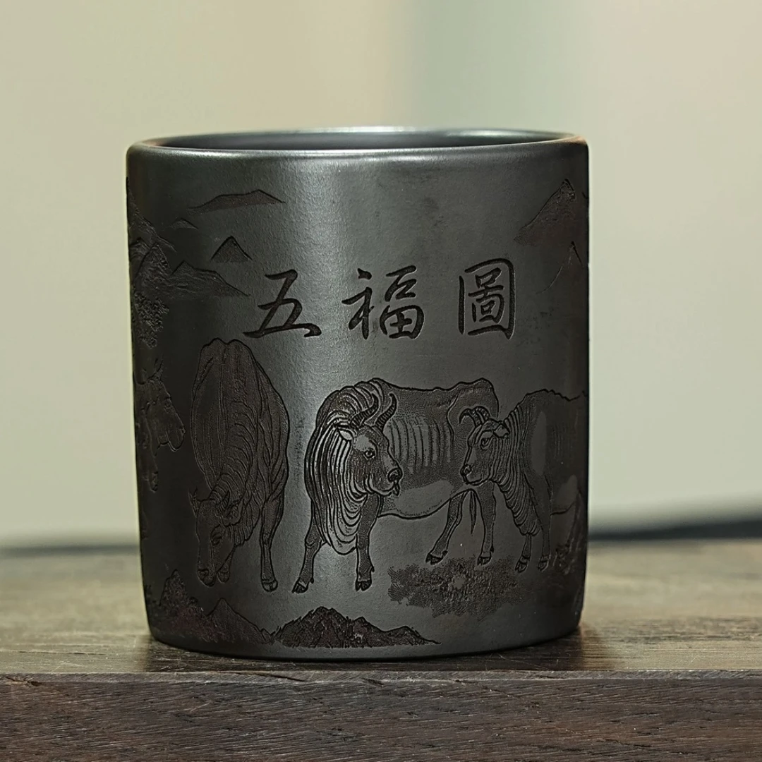 135宜兴紫砂主人杯原矿石黄手工刻绘五牛图品茗茶具