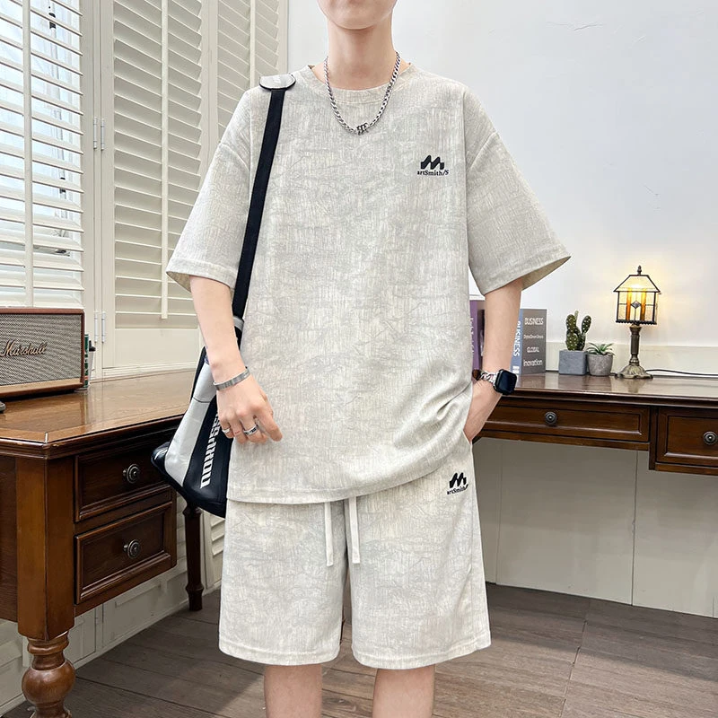 夏季新款青少年潮流上衣翻领短袖短裤两件套男生帅气休闲运动套装