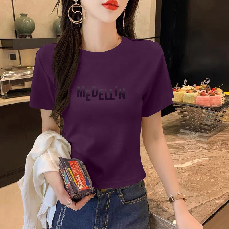 正肩紫色短袖t恤女装夏季修身显瘦胖mm大码时尚洋气圆领打底上衣