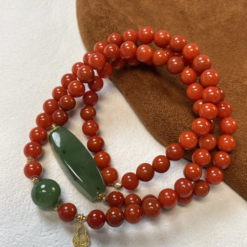 珠联帮【18K】南红玛瑙0.6（柿子红）+碧玉勒子三圈手串