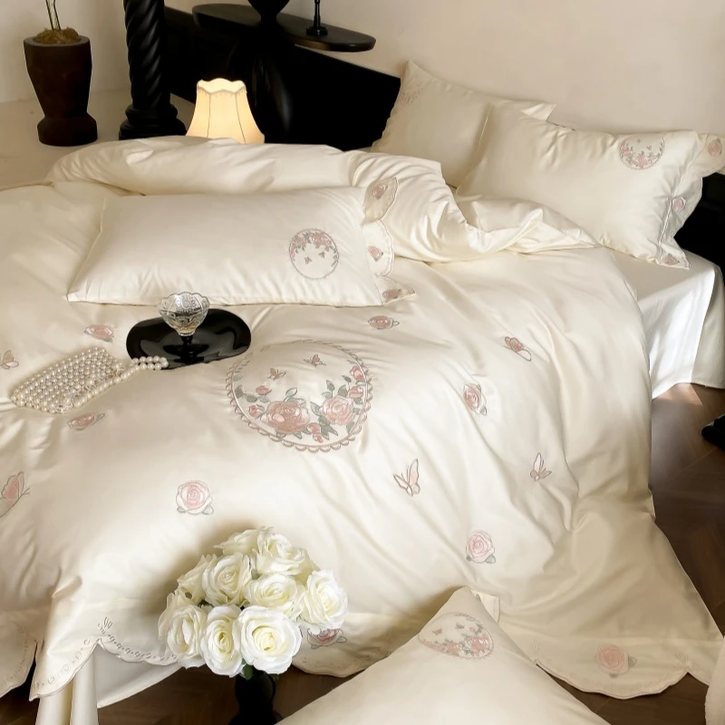 浪漫法式风100S长绒棉四件套少女心花卉刺绣被套床单全棉床上用品