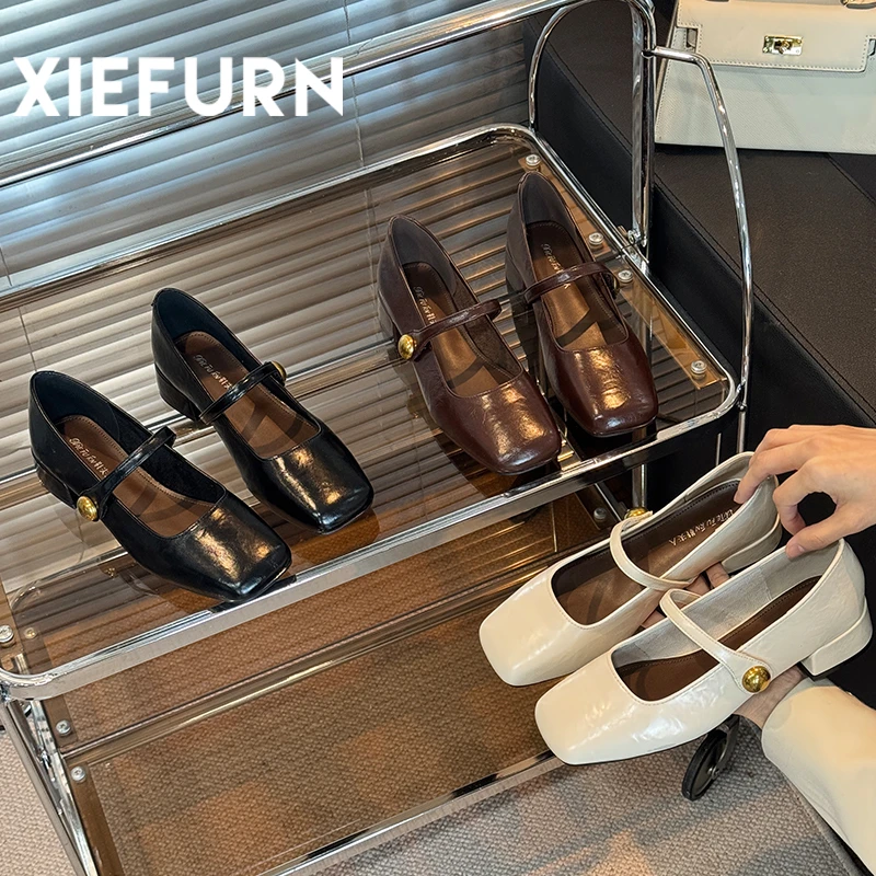 XIEFURN/鞋夫人单鞋女2025春季新款复古风低跟一字带玛丽珍小皮鞋