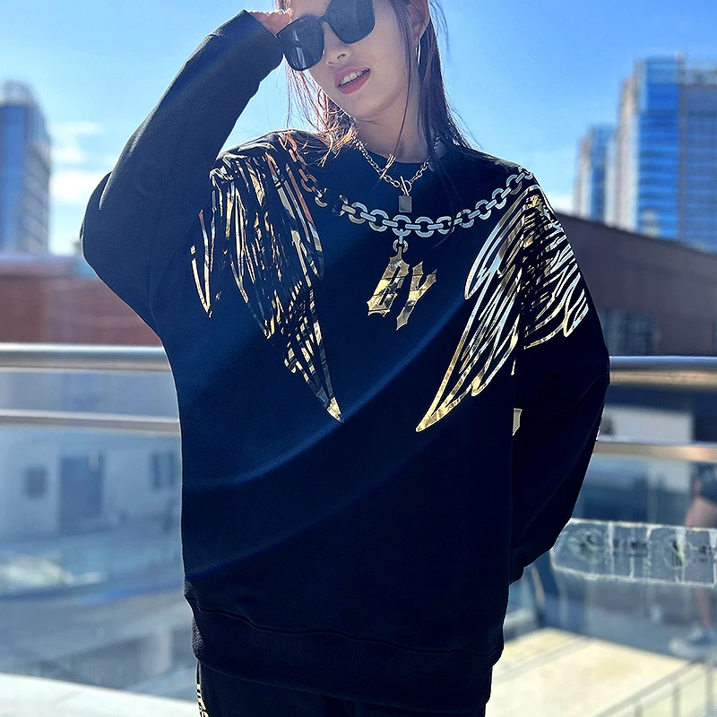 BY潮牌烫金翅膀/秋季新款男女同款百搭休闲大衣内搭高级感卫衣