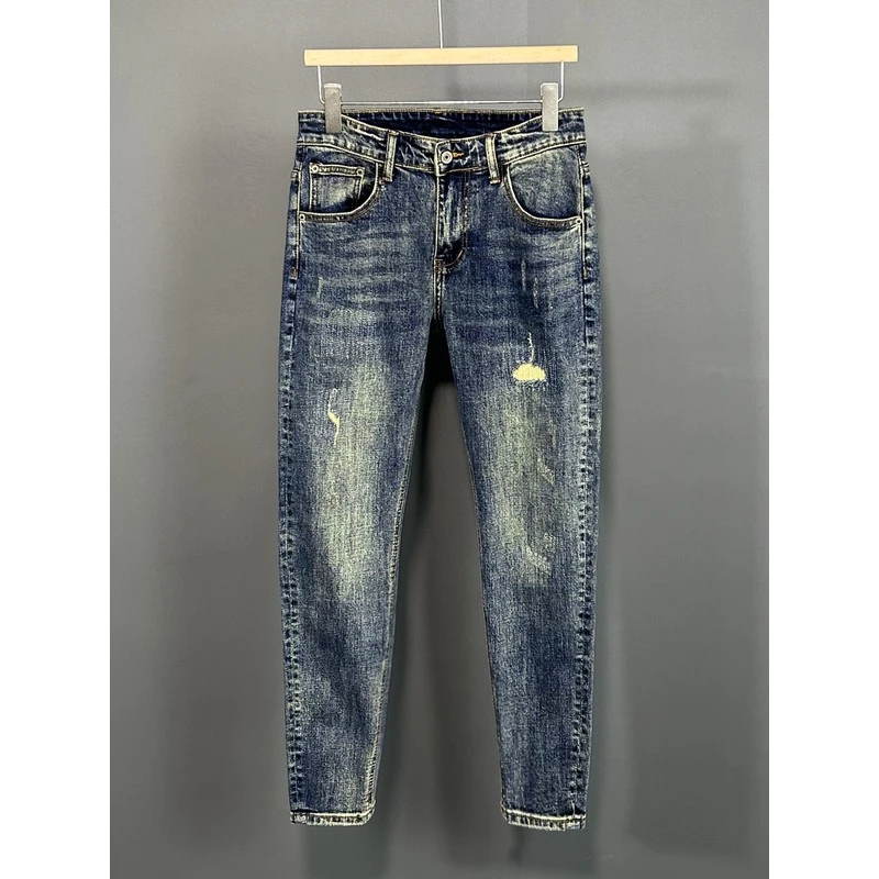 DeweLvum弹力修身猫须补丁复古九分牛仔裤男做旧蓝色潮流小脚裤男