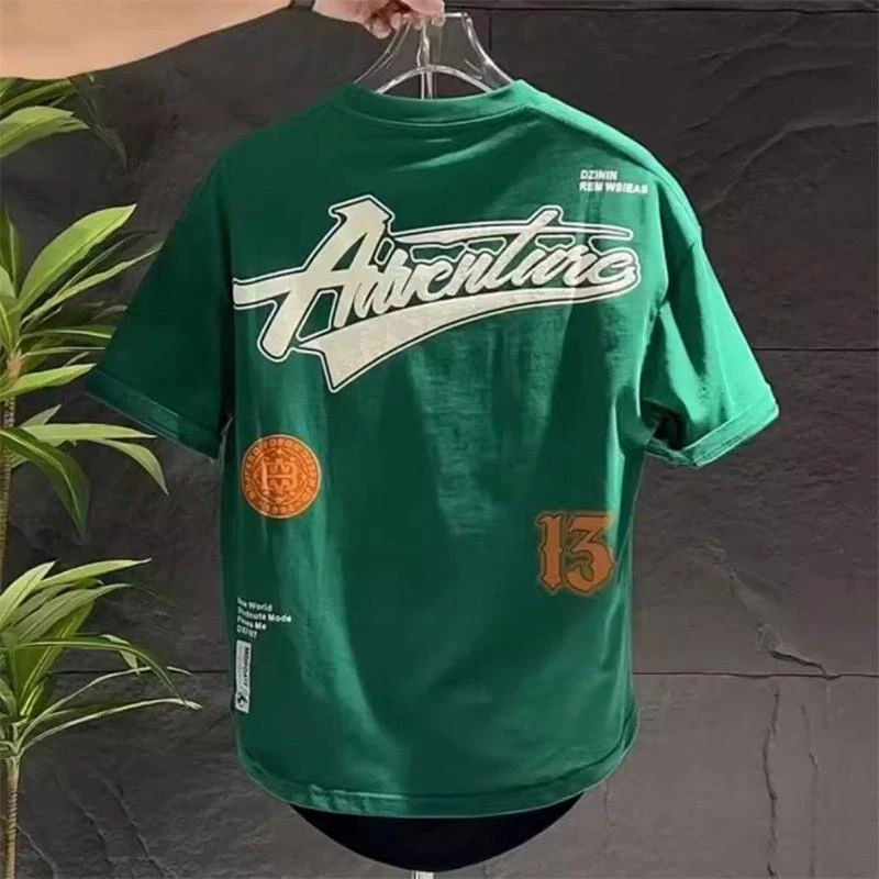 夏季新款短袖男潮流宽松百搭圆弧休闲半袖字母印花燕尾圆领T恤男