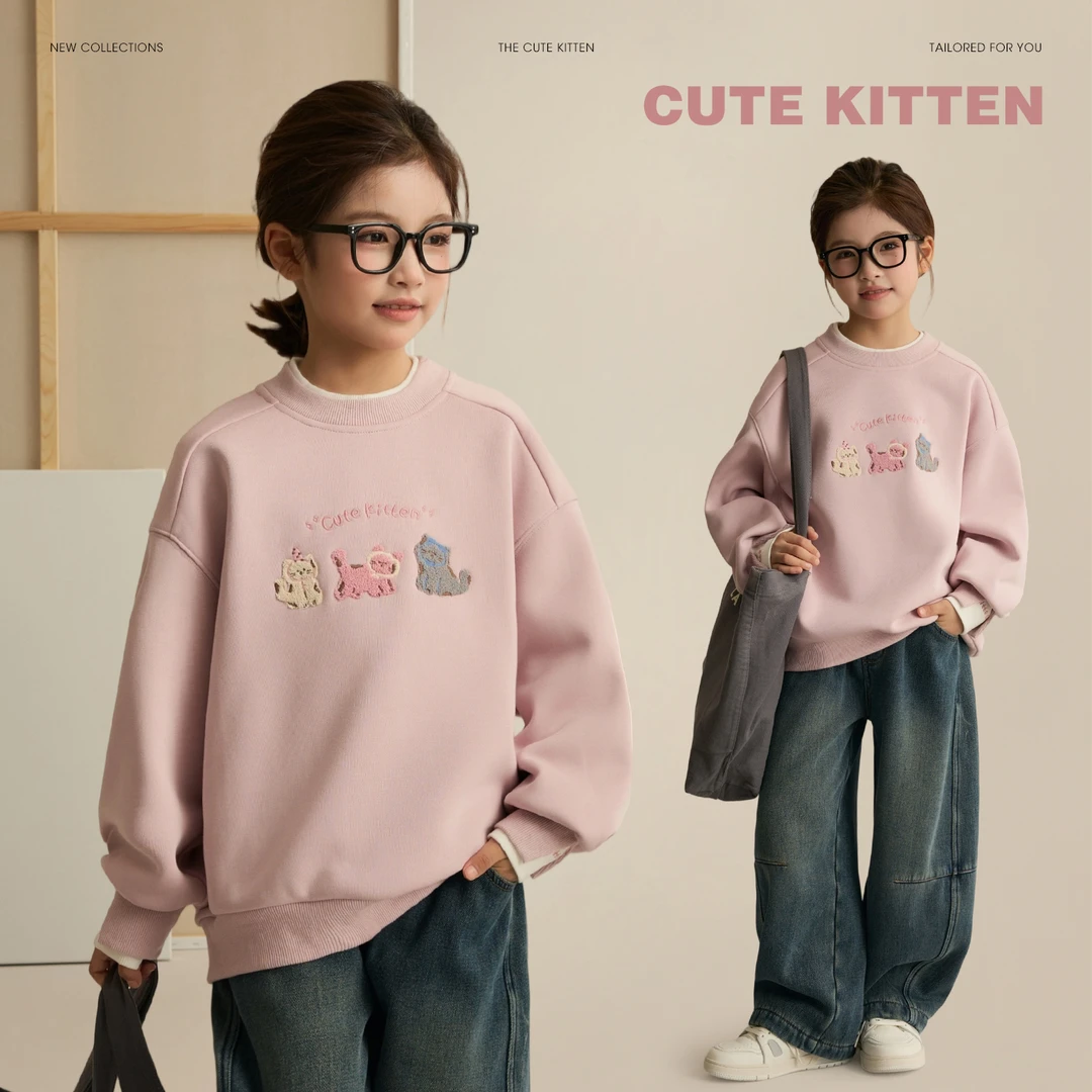 【粉泡泡】女童假两件加绒卫衣秋冬款洋气儿童保暖上衣9045X