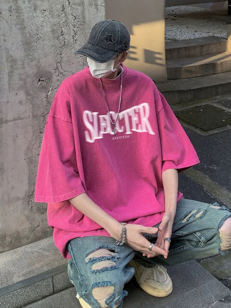 ins潮流上衣夏季半袖印花韩版水洗紫色t恤男短袖T恤港风嘻哈