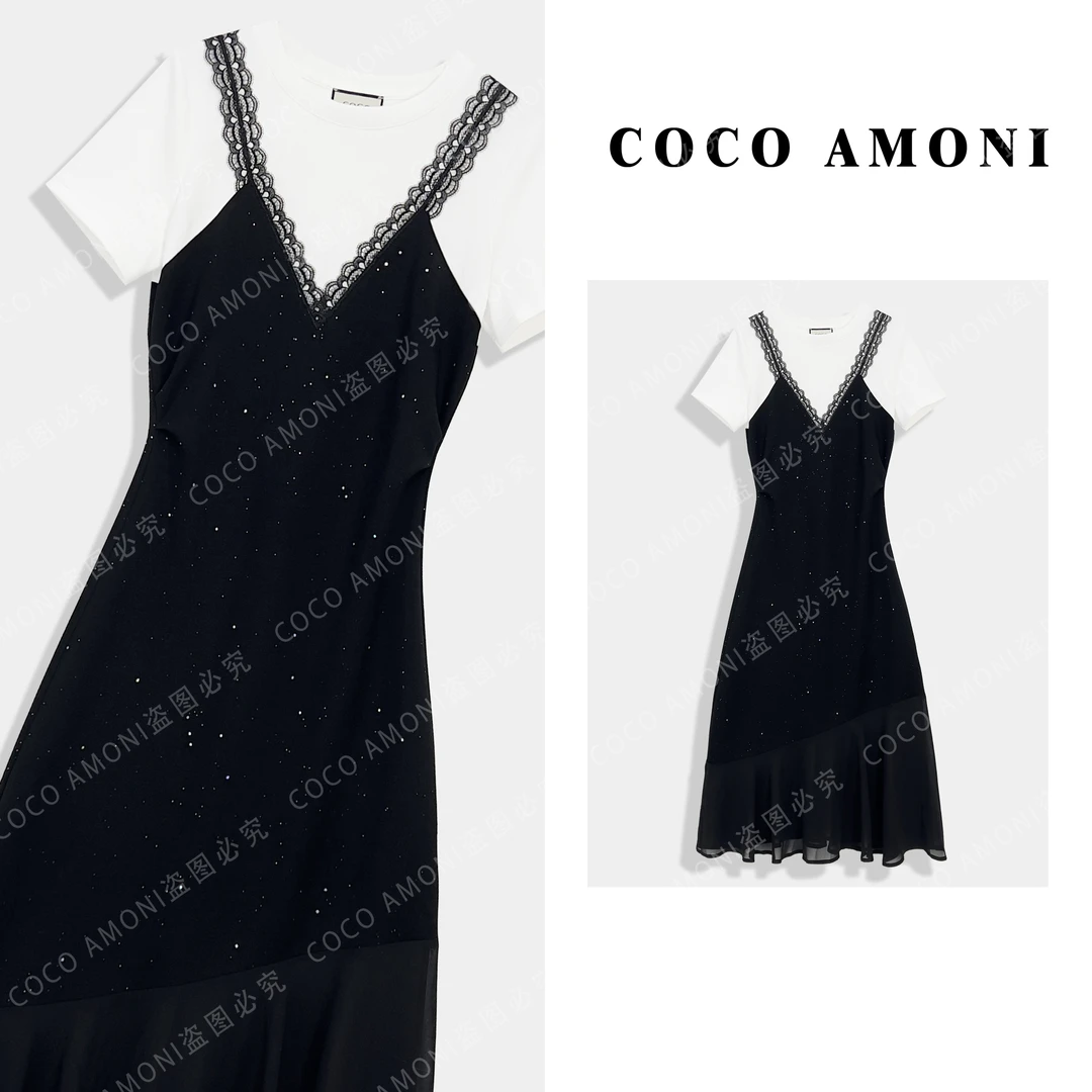 [LL]时尚设计师款带亮钻高级感女装拼接假两件显瘦连衣裙AC732