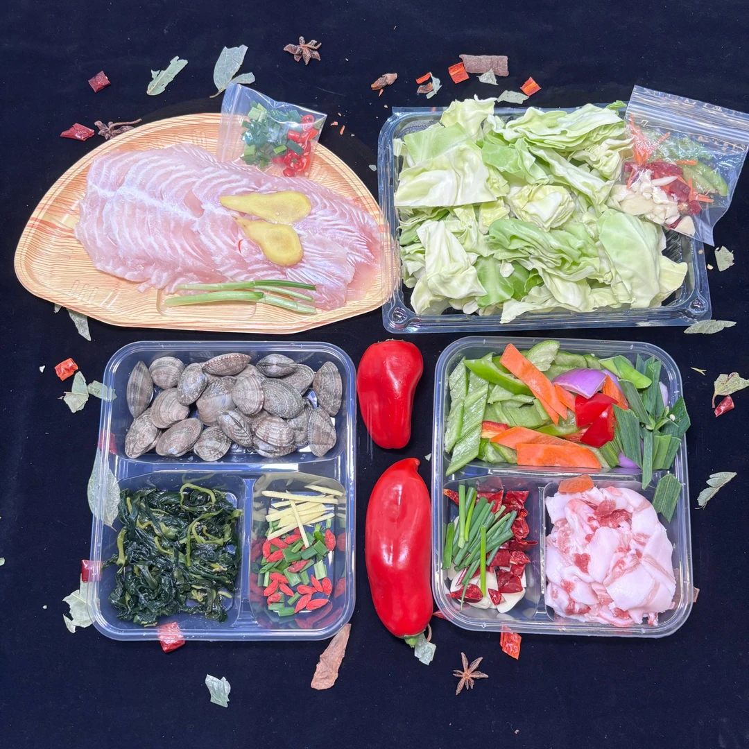 三菜一汤（清蒸龙利鱼+炝炒包菜+小炒肉+花蛤海带苗汤）