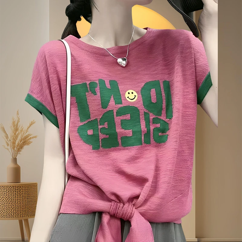 竹节棉春游出行衣服字母印花2025夏新款洋气爆款不规则短袖t恤女