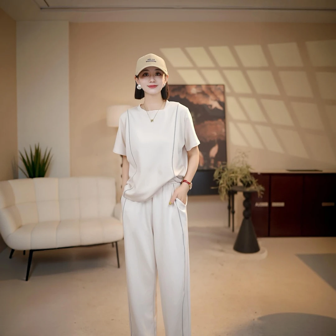 空气层套装~夏季新款短袖+裤子休闲气质运动套装时尚减龄