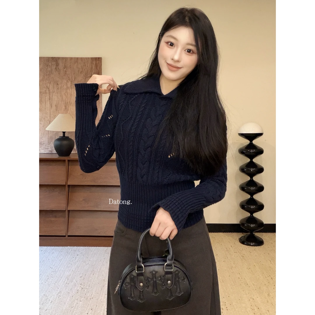 【Datong】秋冬百搭灰色polo领针织上衣女翻领毛衣下摆收腰显瘦