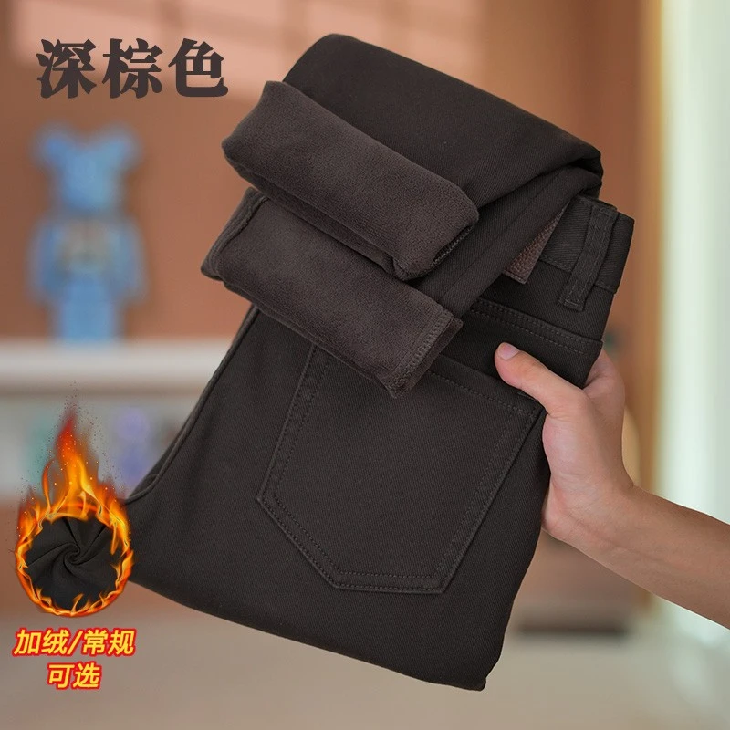 港澳BUREYS【咖啡棕】轻奢弹力加绒加厚直筒裤高端百搭男士牛仔裤