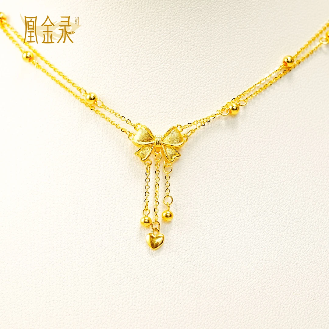 足金999双层蝴蝶结套链 生日礼物黄金精美时尚简约经典黄金首饰