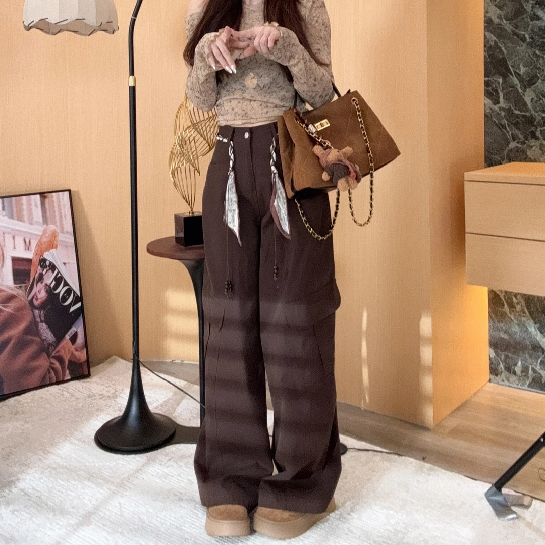 【晓溪服饰】时尚高腰编织腰带水洗休闲裤设计感工装裤6506