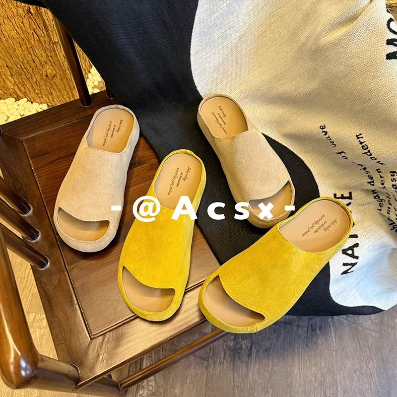 【阿茶】极简风尚~2025夏季新款真皮懒人一脚蹬外穿博肯拖鞋女