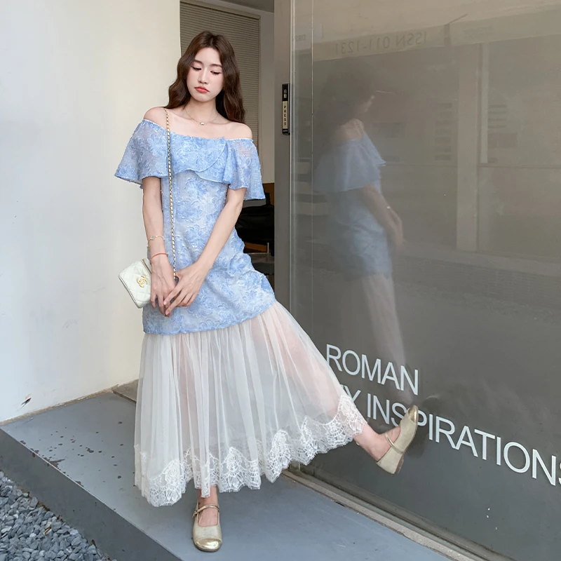 夏日绝美俏皮假两件连衣裙女夏季蓝色提花网纱拼接法式气质长裙子