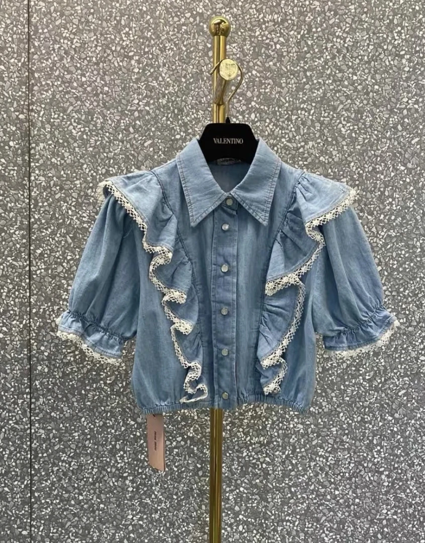 95新 MIU MIU/缪缪  cc765 棉 荷叶蕾丝边牛仔上衣 38码