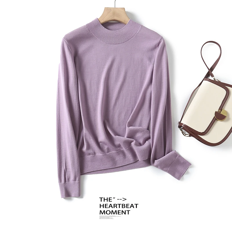 【半高领】女士精纺可机洗羊毛衫100%绵羊毛打底衫时尚长袖HN658