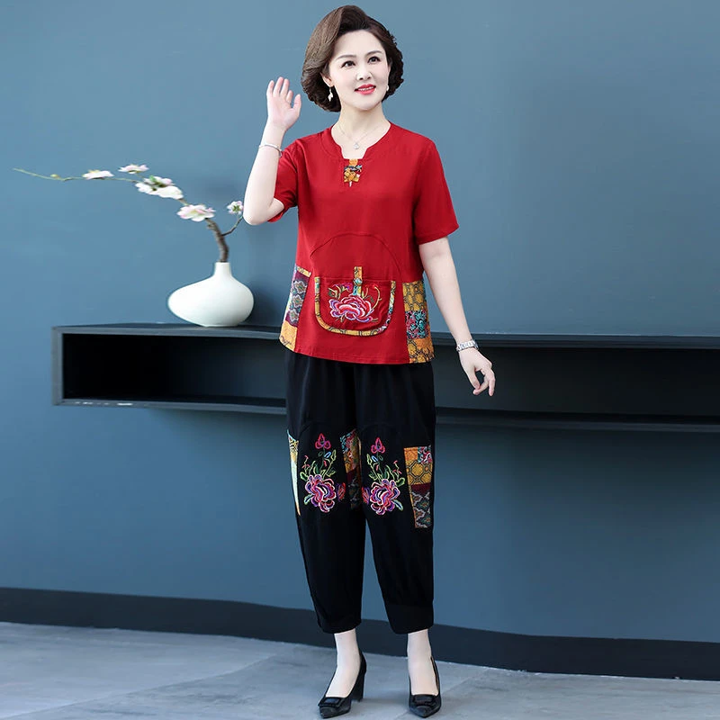 中年女上衣民族风阔腿裤老年唐装宽松两件套2022新款妈妈夏季套装