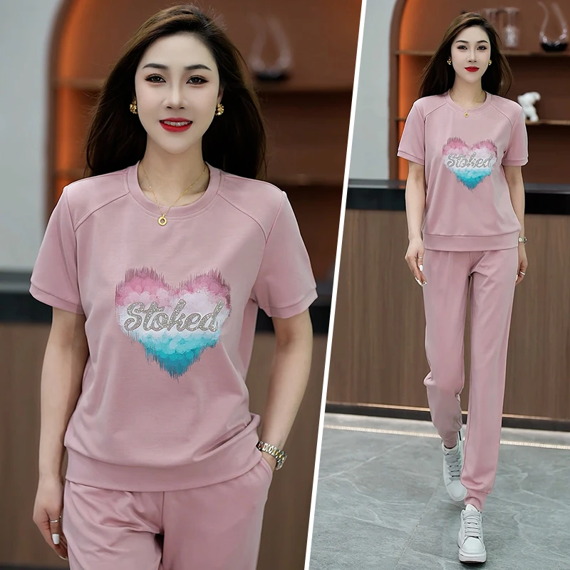 休闲运动套装女夏季2025新款时尚烫钻印花短袖长裤减龄百搭两件套