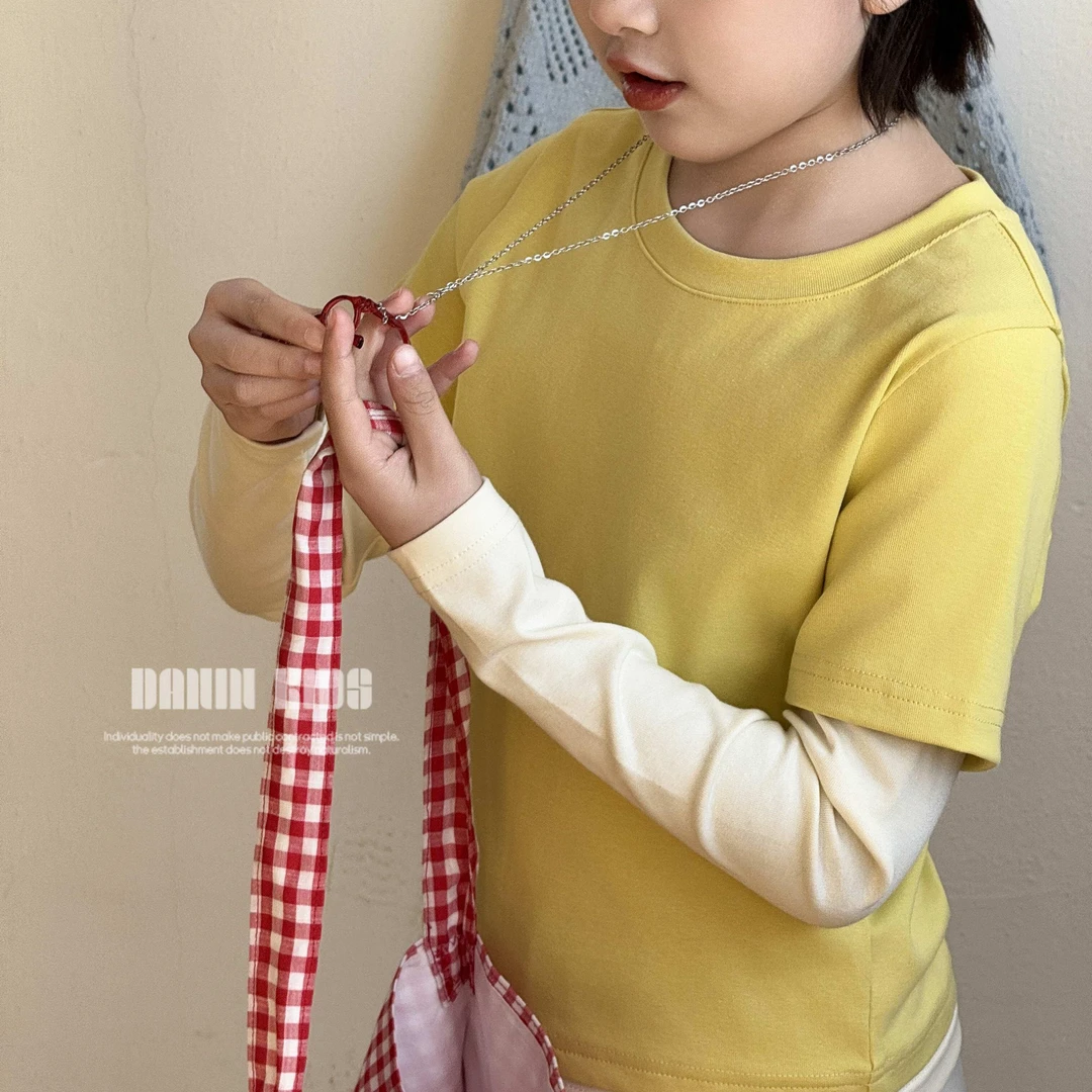 【嗒囜】女童25春季新款韩版假两件长袖T恤儿童时尚百搭圆领上衣