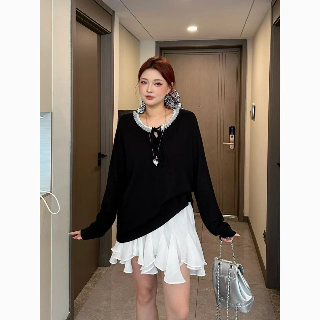 Xiaix【荷花褶皱】新款百搭气质宽松圆领荷花领长袖上衣XS25304