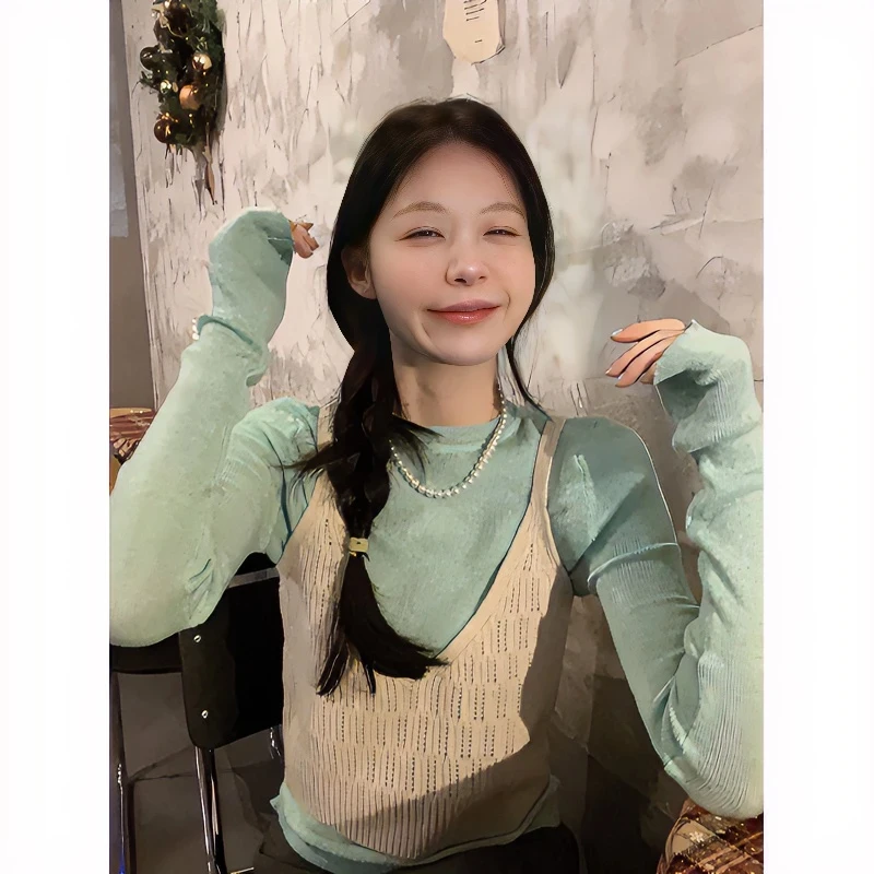 薄荷绿内搭德绒打底衫女秋冬针织马甲韩系穿搭长袖t恤两件套上衣